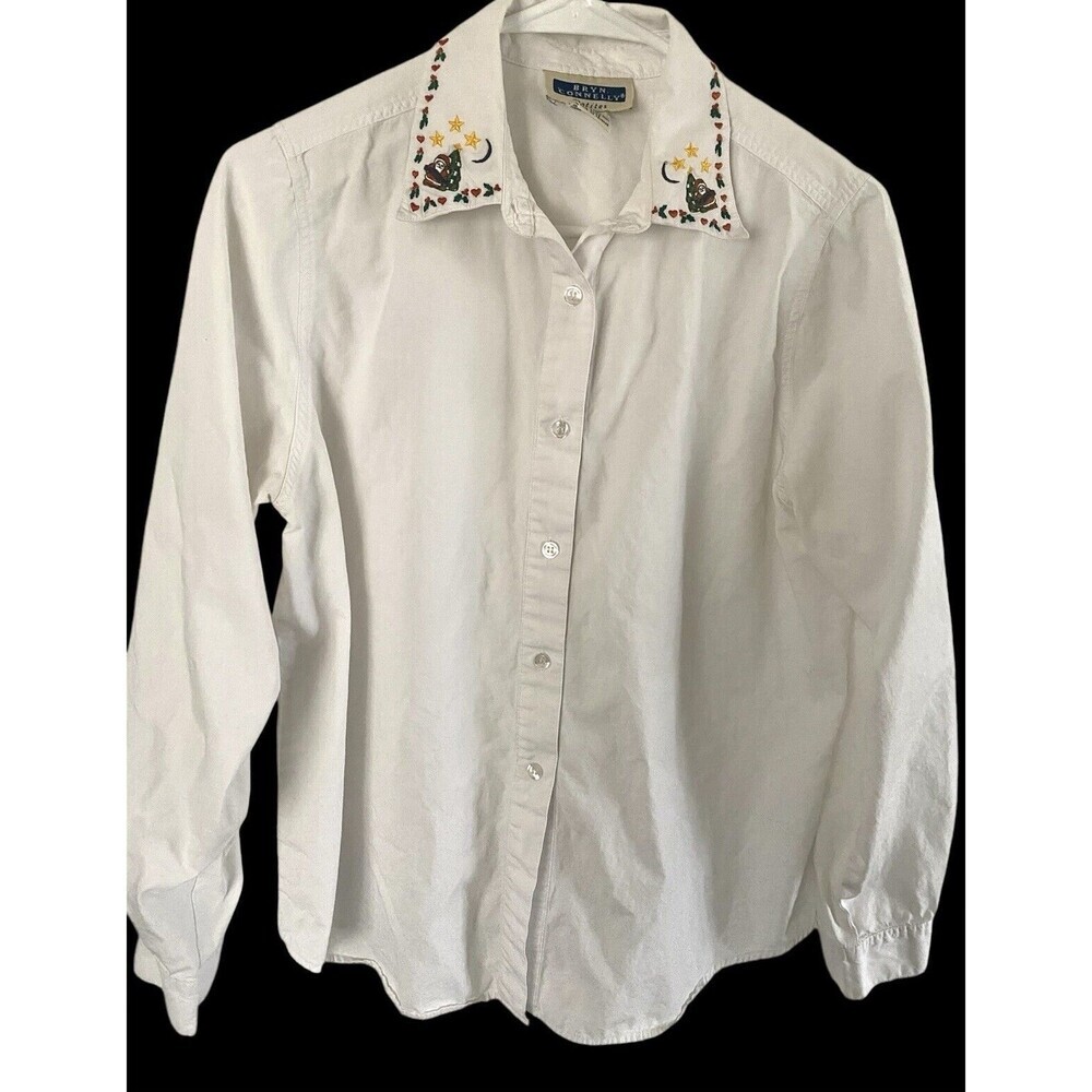 Vintage 90s Christmas Santa Embroidered Cottagecore Button down White Shirt 14p